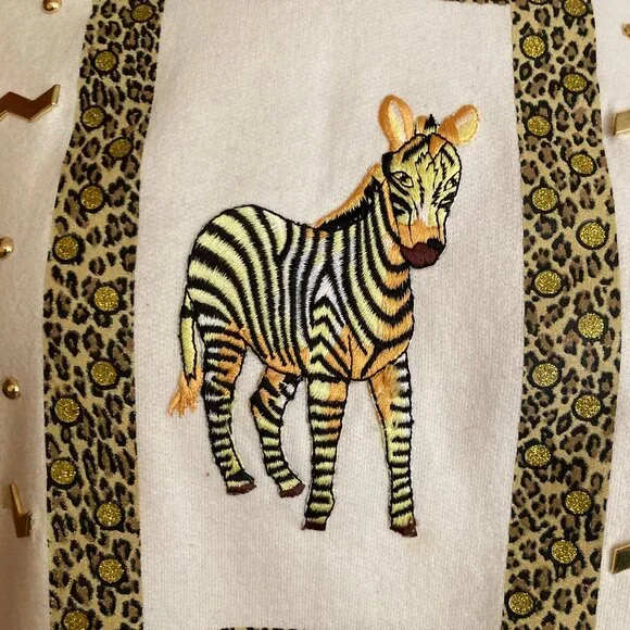 P.G.B. Zebra Sweatshirt 90s Animal Pattern Squiggle Glittery Shiny Beaded - Picture 5 of 13